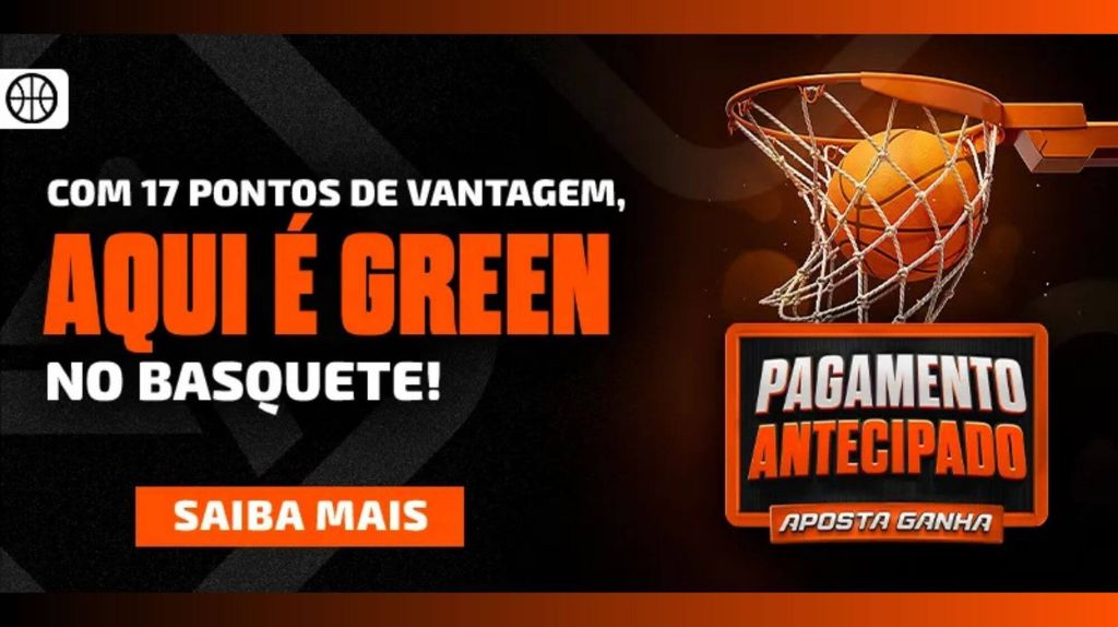 Jogadores de basquete em uma quadra, com o número 17 em destaque, simbolizando a promoção da Aposta Ganha.