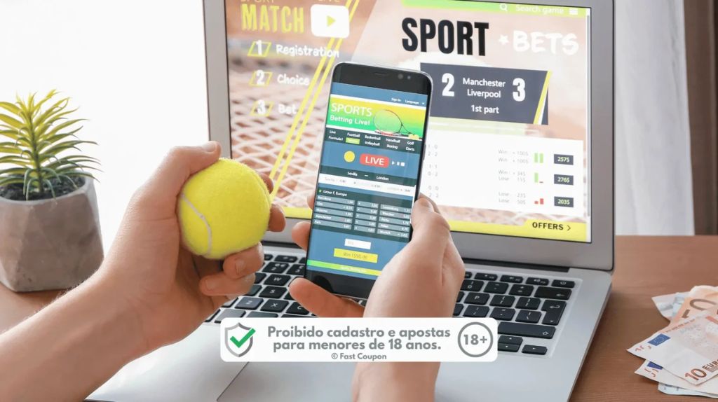 Uma raquete e uma bola de tênis na quadra, com um smartphone mostrando a tela de apostas.