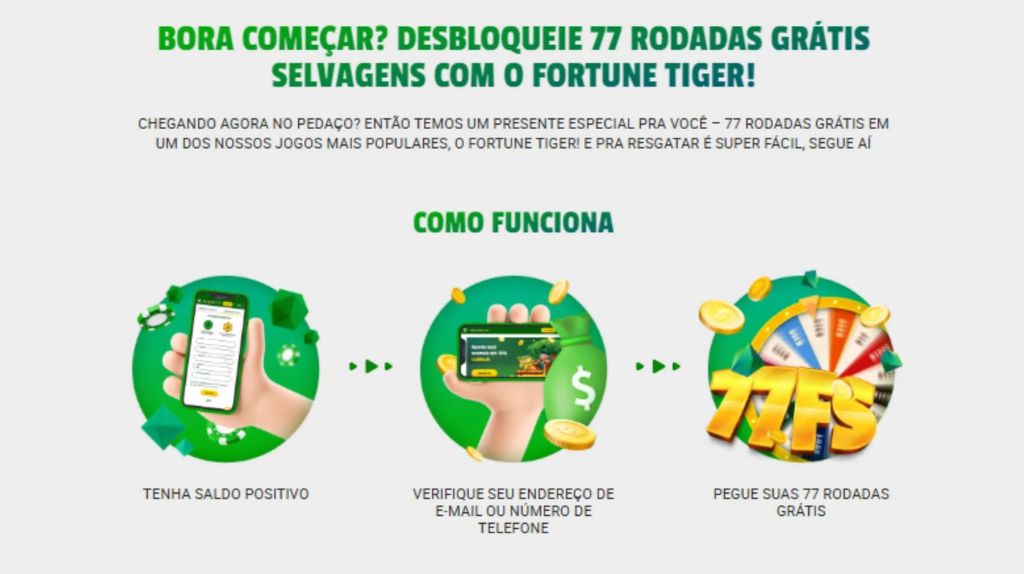 Tela de celular mostrando a oferta de 77 rodadas grátis para o jogo Fortune Tiger no Brazino777.