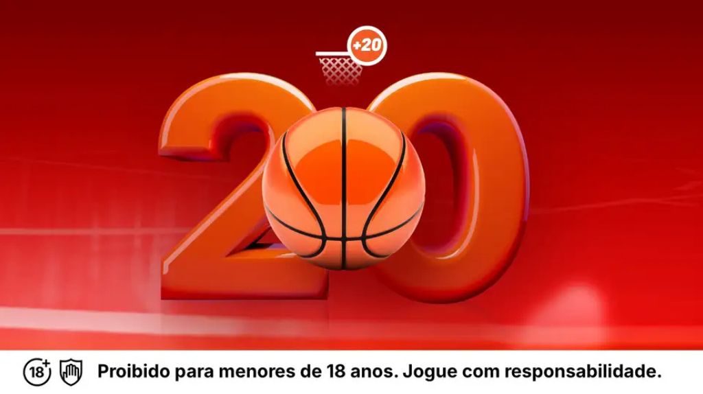Placar de um jogo de basquete da NBA mostrando 20 pontos de vantagem, com um símbolo de vitória.