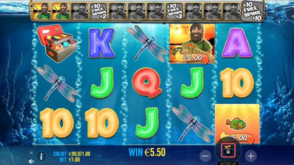 O pescador e os símbolos de peixes com prêmios no jogo Big Bass Bonanza. Como Jogar.