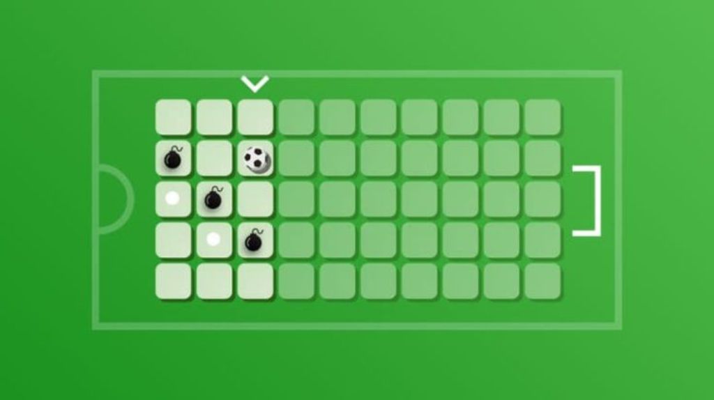 Tela do jogo. Como jogar Goal, mostrando o campo de futebol e as opções de aposta.