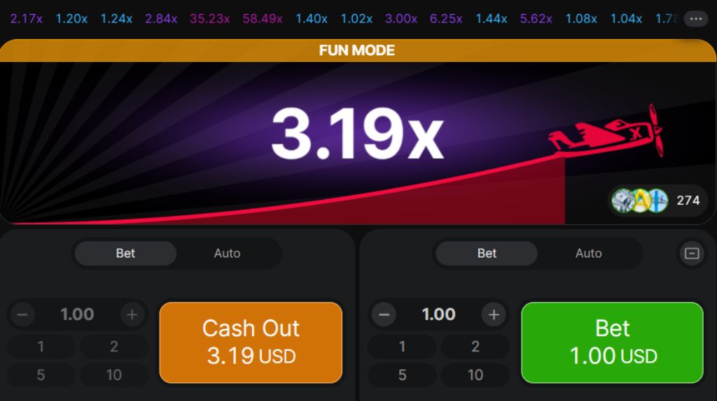 Exemplo de apostas duplas no Aviator demo grátis, com multiplicadores diferentes.