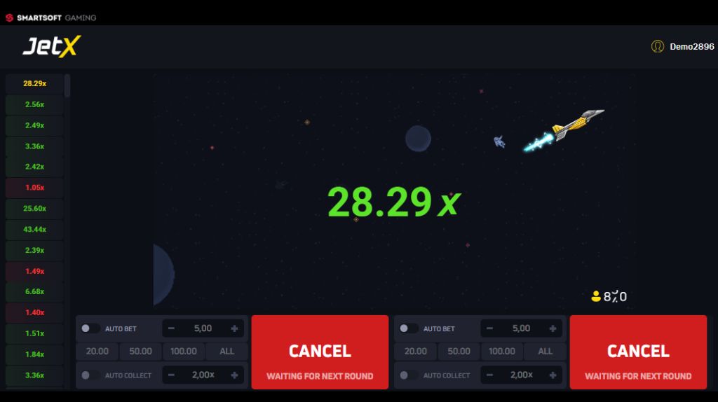 Demonstração do JetX com foguete subindo, multiplicadores variáveis e opção de aposta online.
