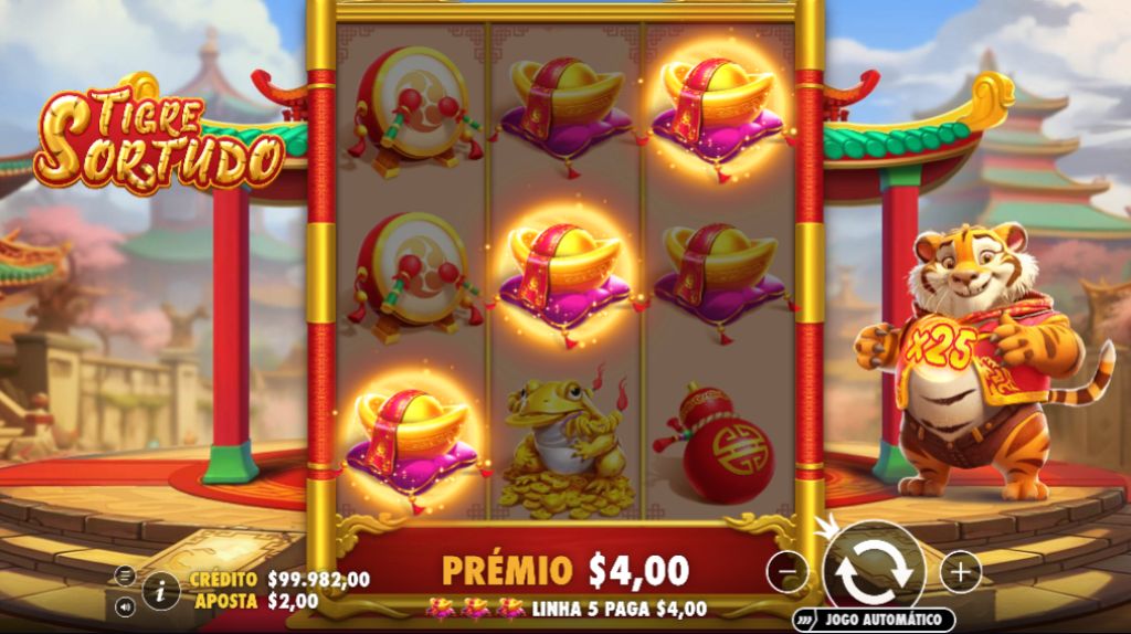 Tela de bônus do jogo Tigre Sortudo mostrando recurso respin e multiplicadores até 25x.