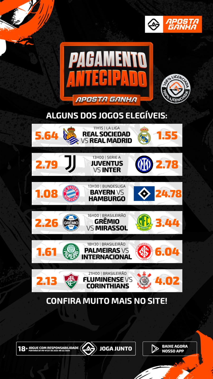 Imagem da Aposta Ganha com a promoção de "Pagamento Antecipado", destacando jogos elegíveis da La Liga, Serie A, Bundesliga e Brasileirão.