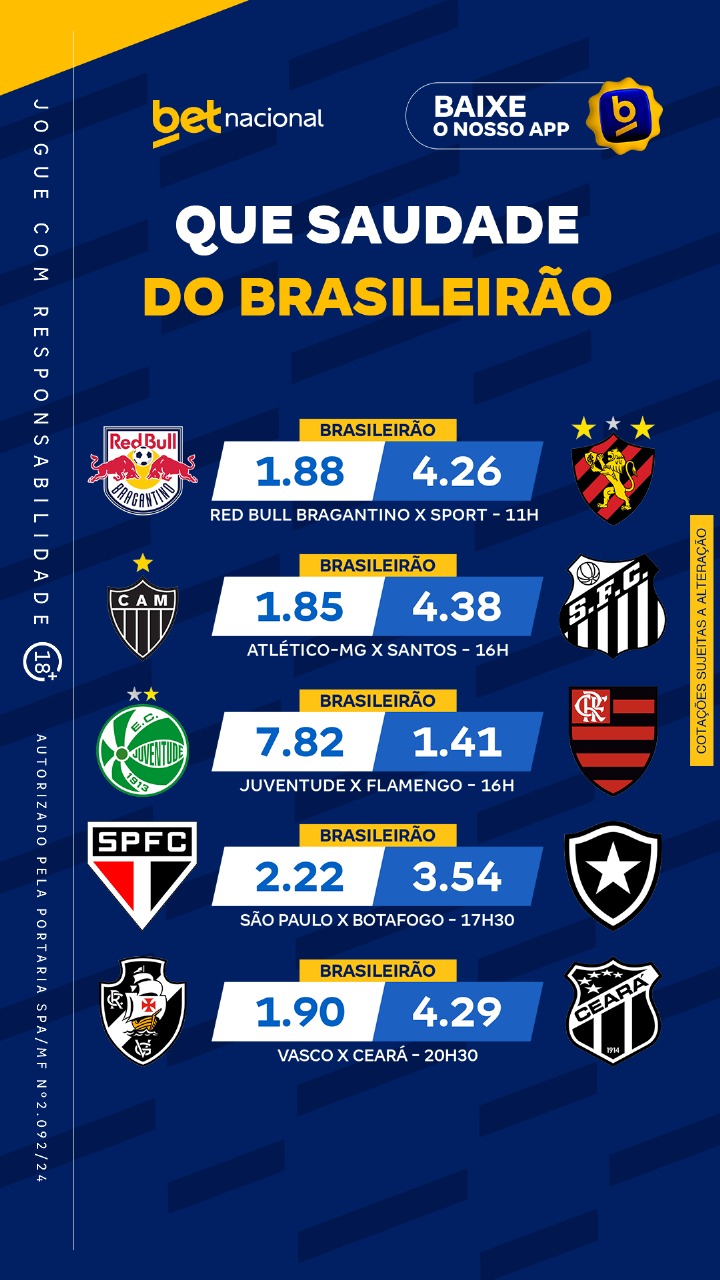A Betnacional apresenta cotações para os jogos do Brasileirão e Série B, incluindo Red Bull Bragantino x Sport, Atlético-MG x Santos, São Paulo x Botafogo, Vasco x Ceará e Vila Nova x Remo.