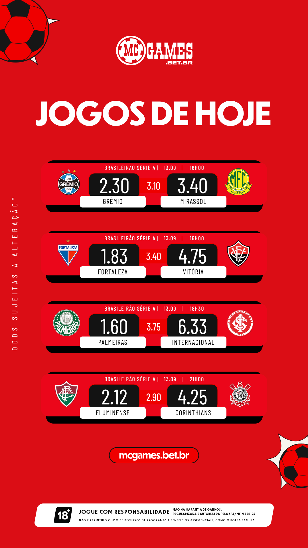 Imagem de super odds para a rodada do Brasileirão Série A em 13 de setembro, com destaque para as cotações dos jogos Grêmio x Mirassol, Fortaleza x Vitória, Palmeiras x Internacional e Fluminense x Corinthians.