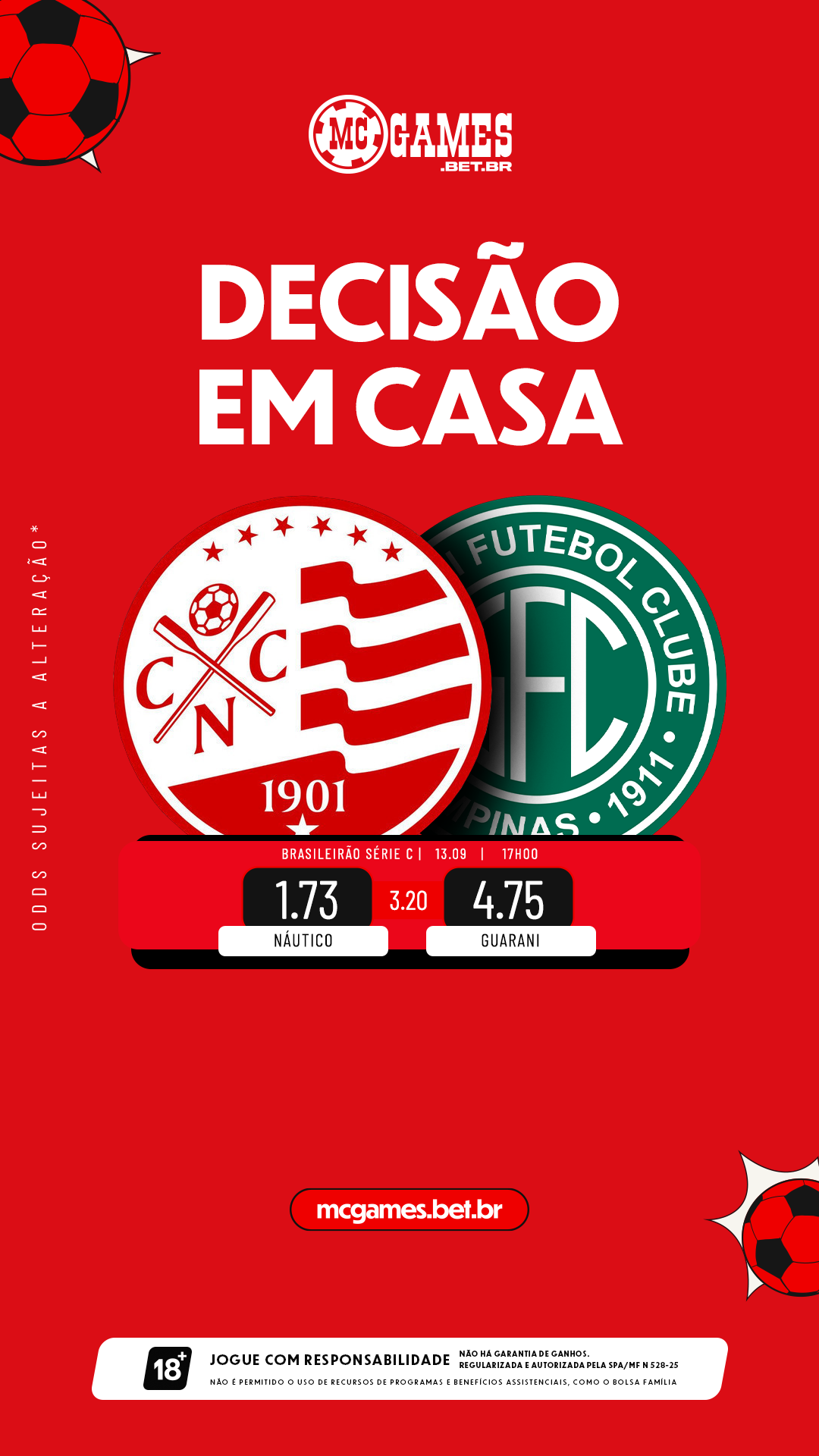 Cotações de super odds para o jogo do Brasileirão Série C entre Náutico e Guarani em 13 de setembro.