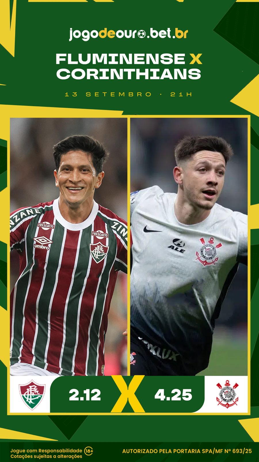 Cotações do Jogo de Ouro para o jogo do Brasileirão entre Fluminense e Corinthians em 13 de setembro.