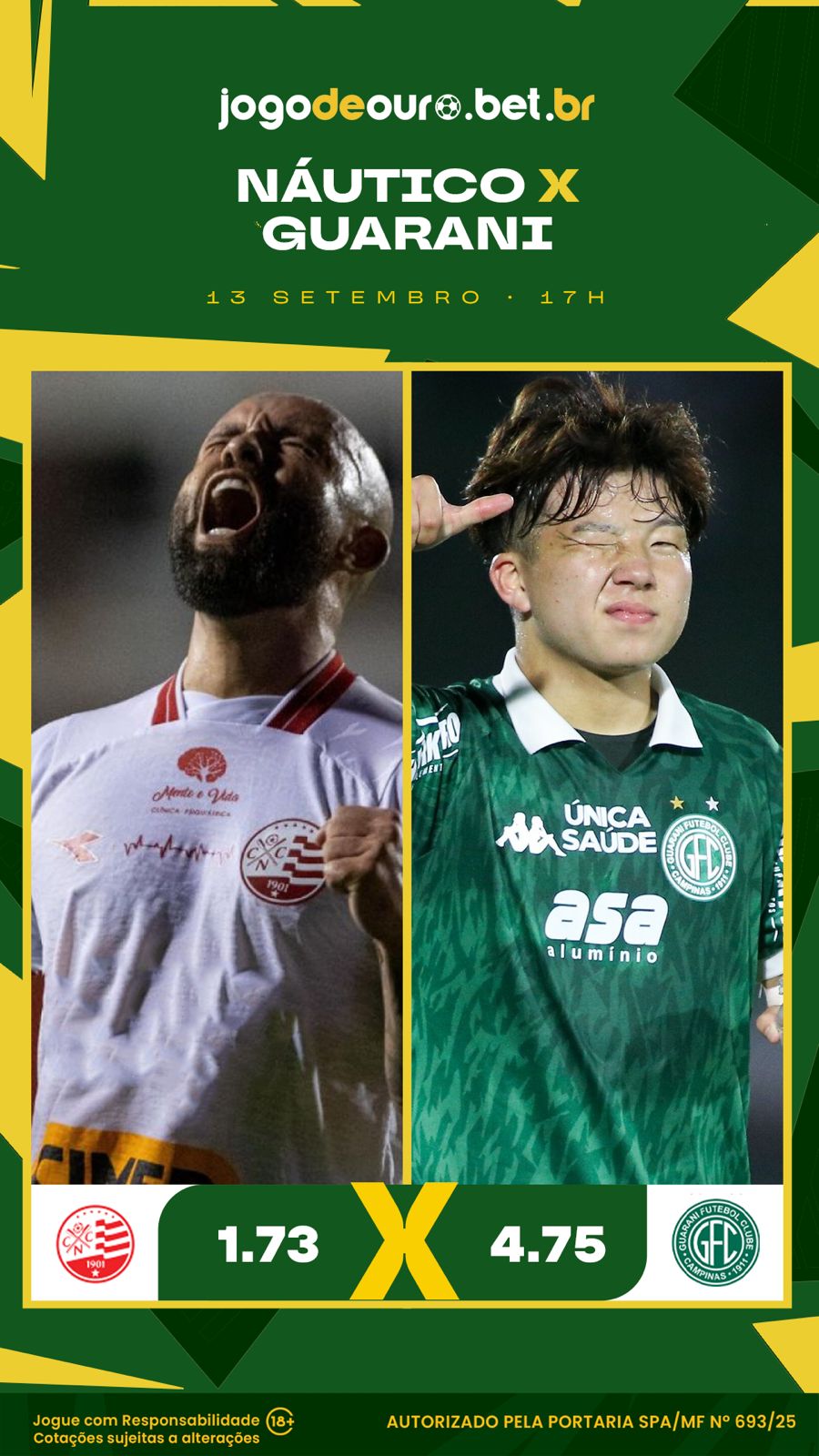 Cotações da Jogo de Ouro para o jogo entre Náutico e Guarani em 13 de setembro.