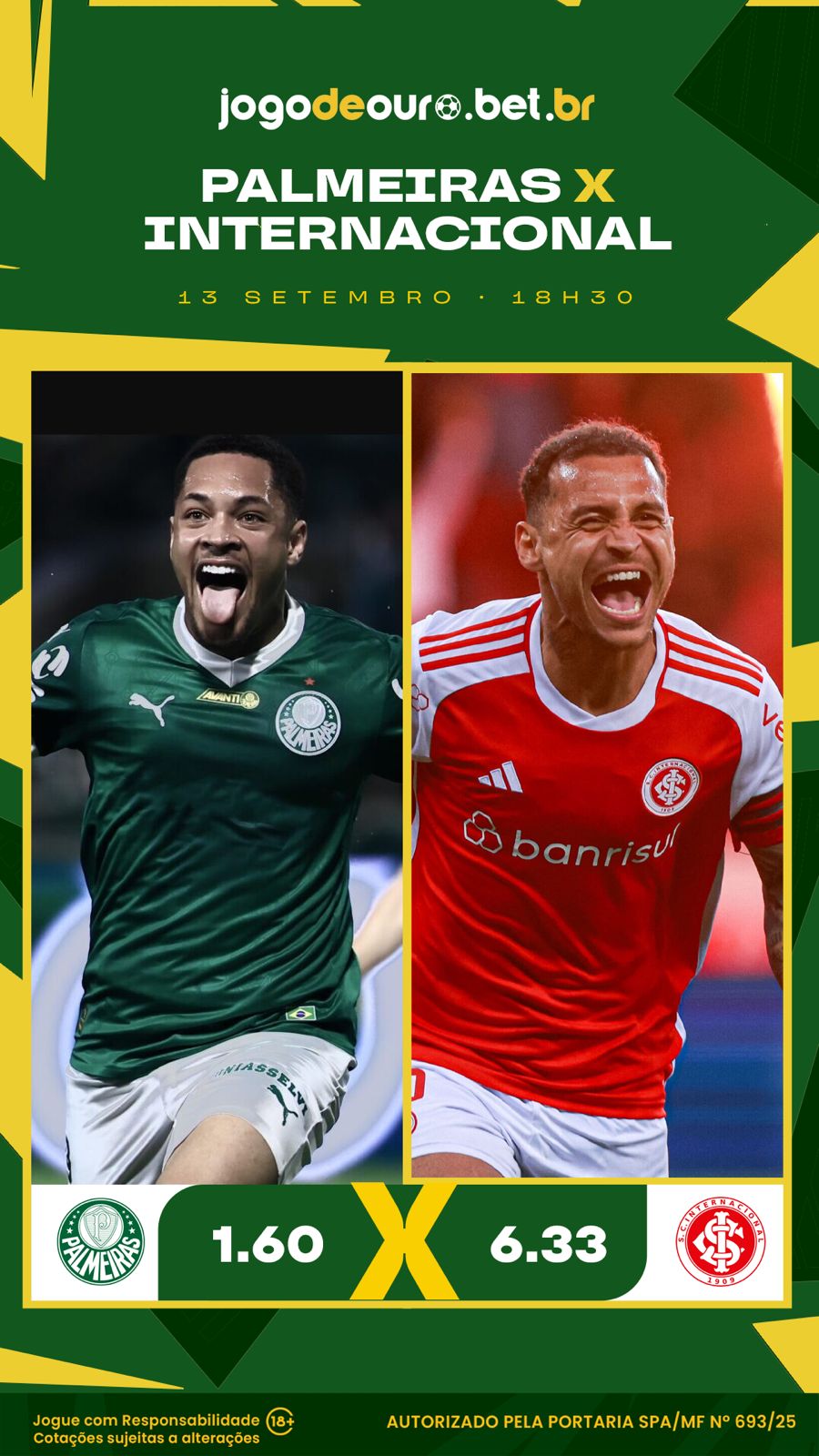 Cotações do Jogo de Ouro para a partida do Brasileirão entre Palmeiras e Internacional em 13 de setembro.