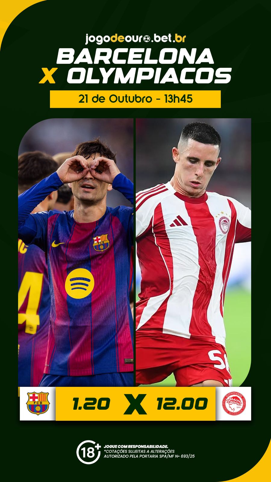 Barcelona enfrenta Olympiacos às 13h45 com odds e palpites da Jogo de Ouro Bet