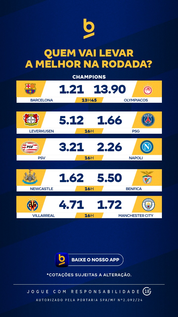 A Betnacional mostra as cotações dos jogos de hoje pela Champions League, com destaque para Barcelona x Olympiacos, Leverkusen x PSG, PSV x Napoli, Newcastle x Benfica e Villarreal x Manchester City.