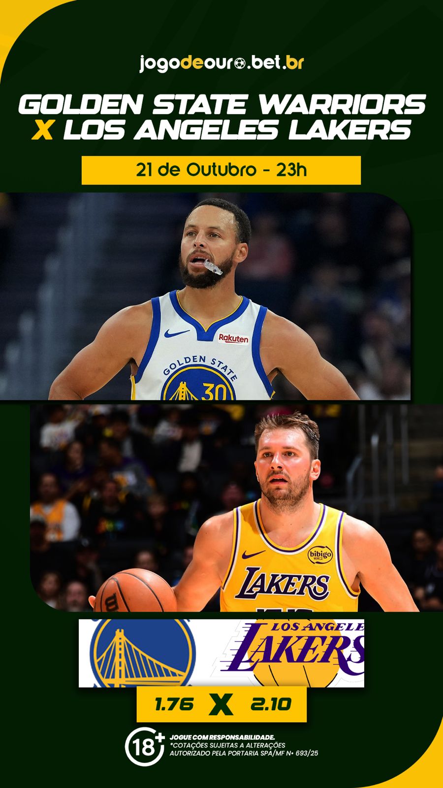 Golden State Warriors enfrenta Los Angeles Lakers às 23h com apostas na Jogo de Ouro Bet