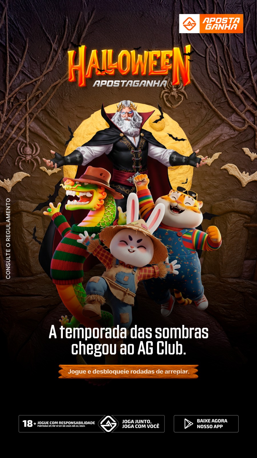 A temporada das sombras chegou ao AG Club com rodadas assustadoras e bônus especiais de Halloween.