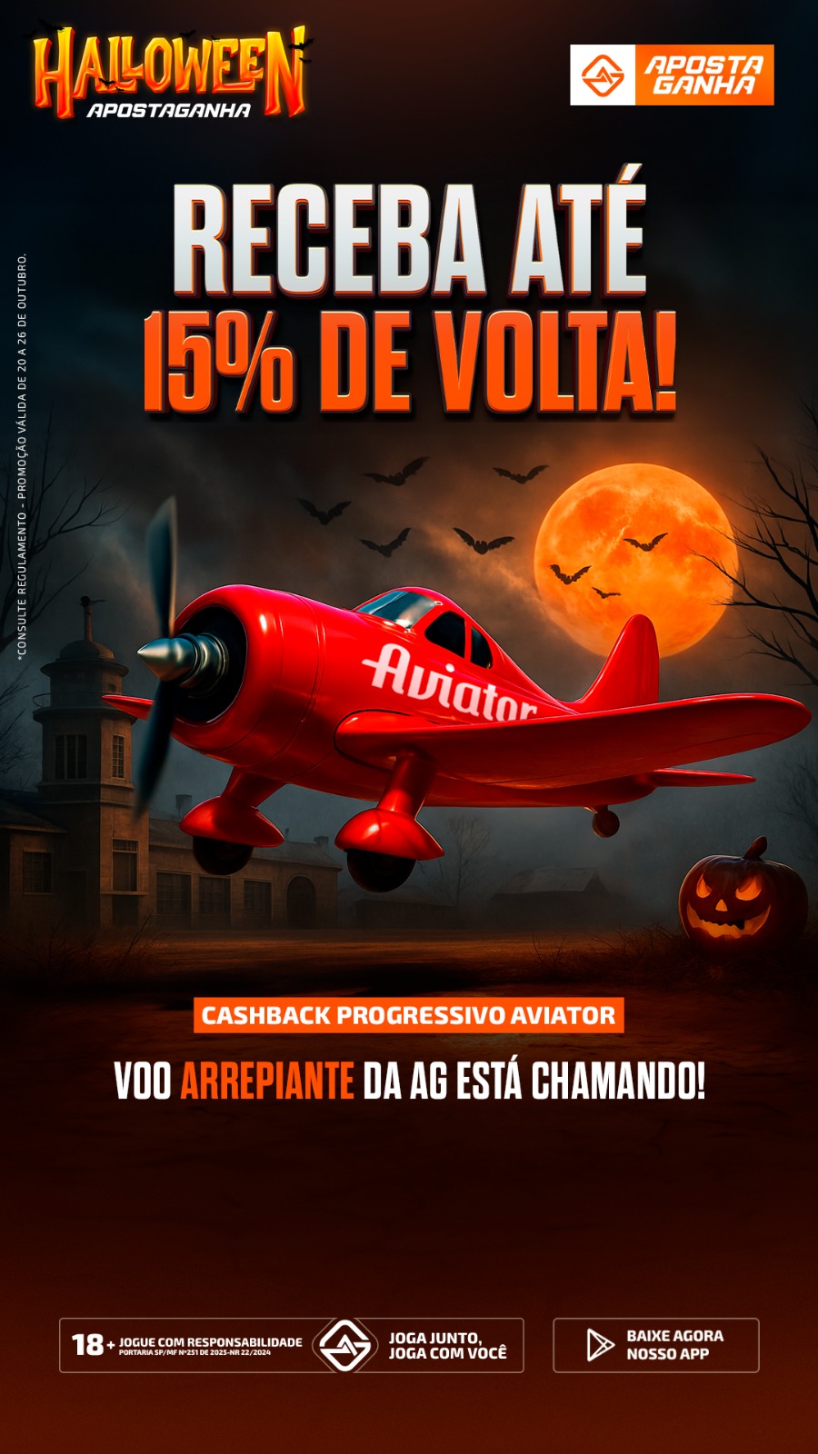 Promoção Halloween Aposta Ganha – receba até 15% de volta no Aviator com cashback progressivo.