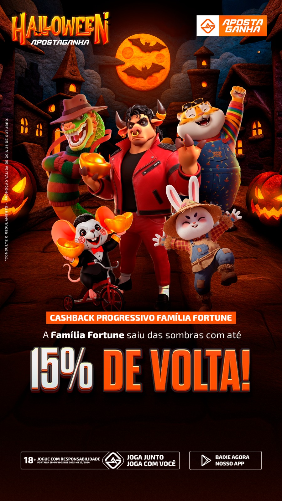 Cashback progressivo Aposta Ganha – Família Fortune retorna com até 15% de volta na promoção de Halloween.