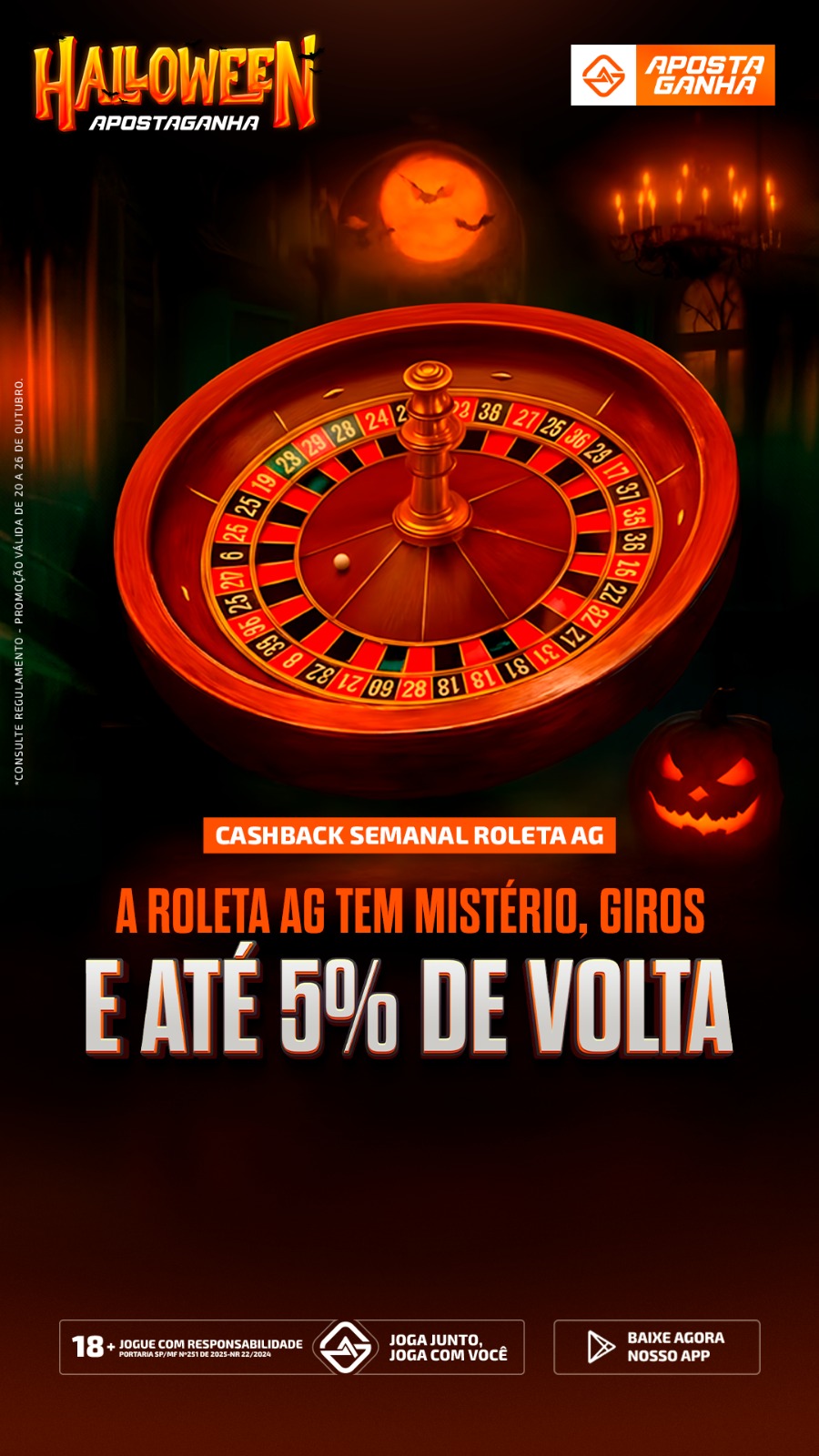 Halloween Aposta Ganha – roleta com mistério, giros e até 5% de volta em cashback.
