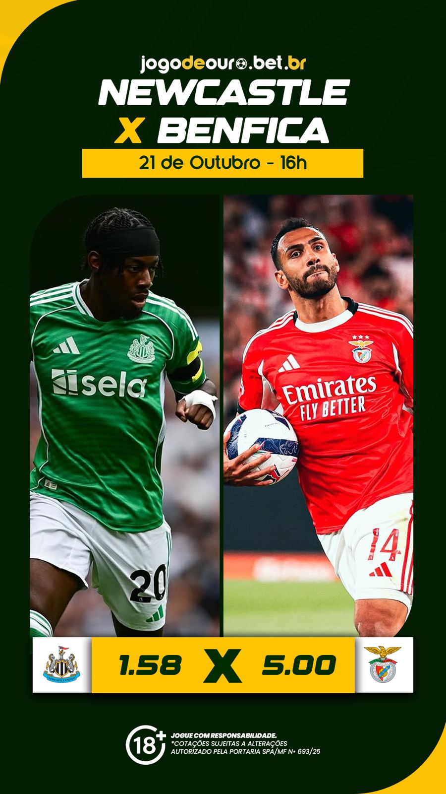 Newcastle enfrenta Benfica às 16h com odds disponíveis no Jogo de Ouro Bet