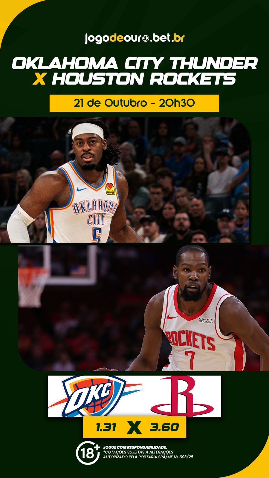 Oklahoma City Thunder enfrenta Houston Rockets às 20h30 pela NBA no Jogo de Ouro Bet