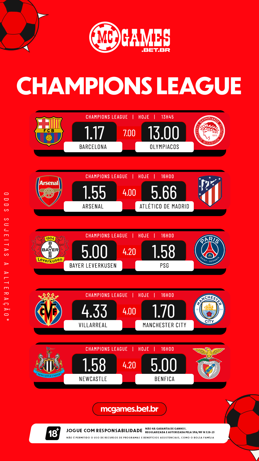Banner da MC Games com super odds para os jogos da Champions League em 21 de outubro, incluindo Barcelona x Olympiacos, Arsenal x Atlético de Madrid, Bayer Leverkusen x PSG, Villarreal x Manchester City e Newcastle x Benfica, com cotações especiais e apostas combinadas do dia.