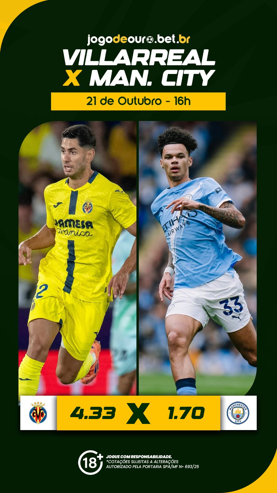 Villarreal enfrenta Manchester City às 16h com cotações da Jogo de Ouro Bet